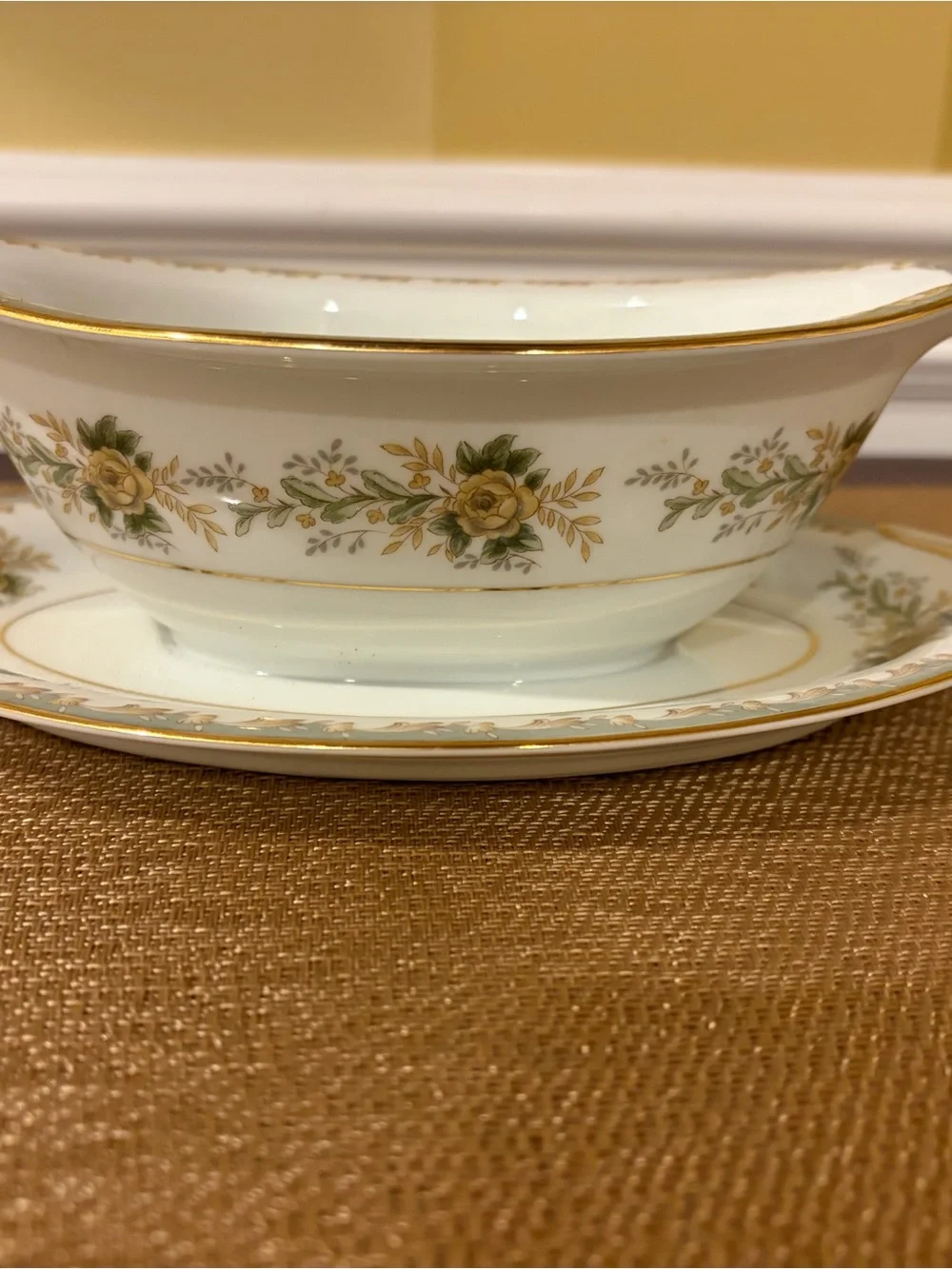 Vintage Noritake Brunswick Pattern Gravy Boat with underplate, Yellow Rose, Oval